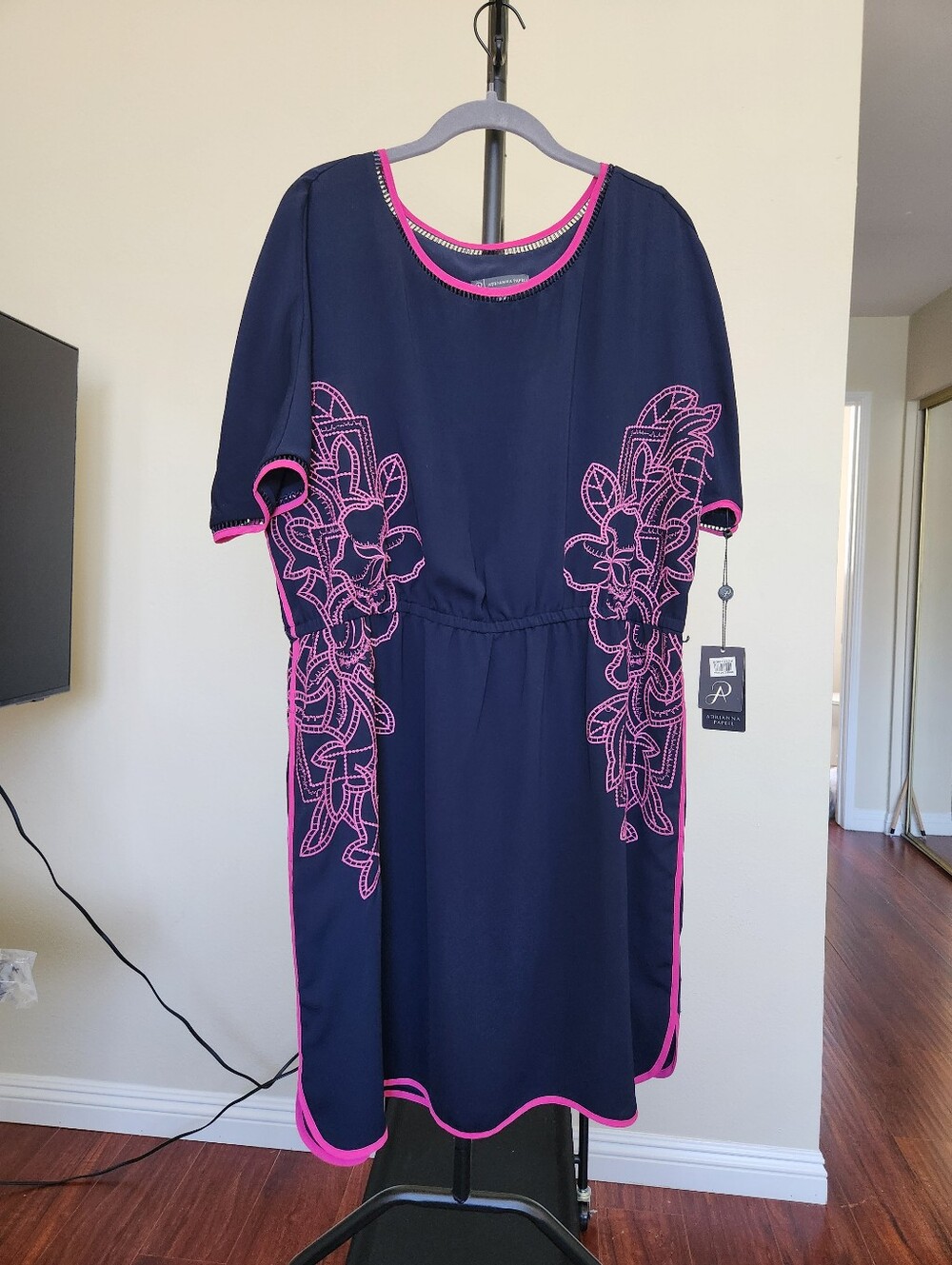Adrianna Papell Navy Midi Dress with Hot Pink Floral Embroidery NWT Size XL